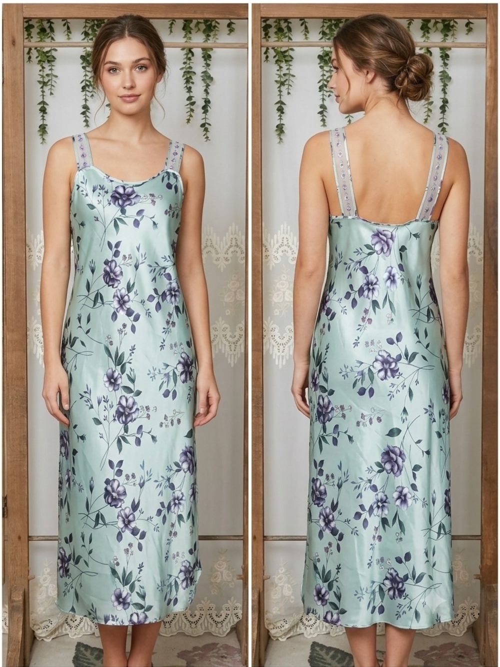 Inner Most Sage Floral Satin Midi Slip Dress Embroidered Straps Size Medium
